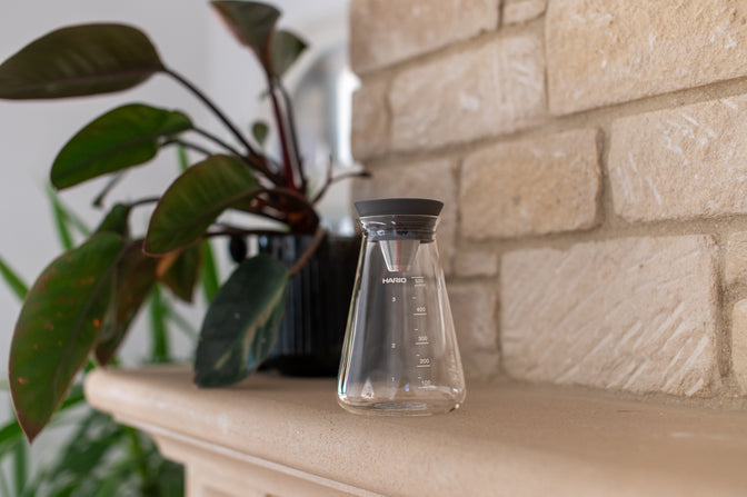 HARIO conical tea pitcher in a home setting.