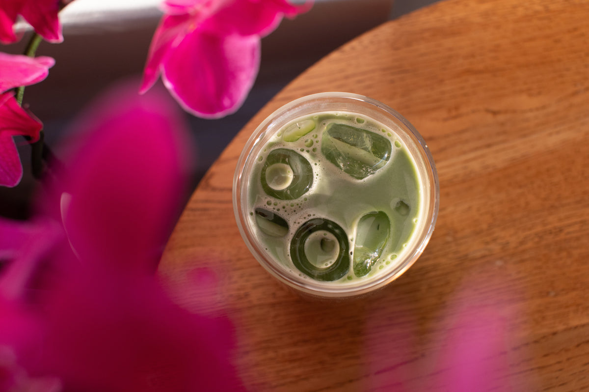 White peach matcha spritz