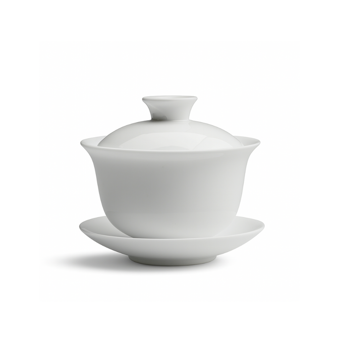 White Dew porcelain gaiwan with matching lid and saucer.