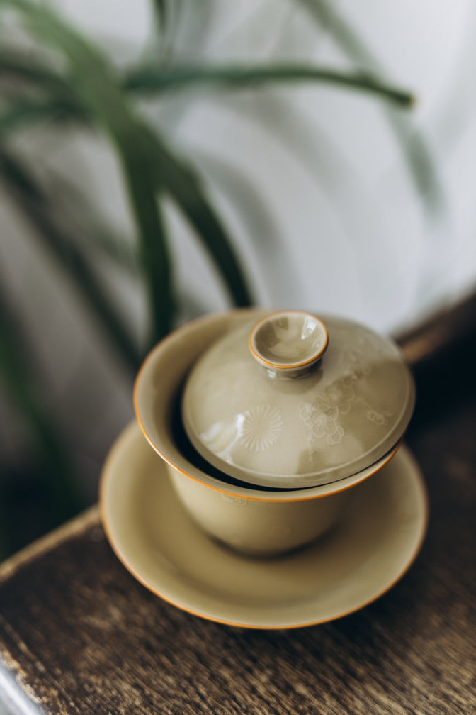 Curls ceramic gaiwan beside a leafy plant, viewed from above.
